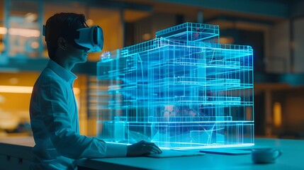 An Architect Wearing A Virtual Reality Headset Designs, Manipulates Buildings for 3D City. Mixed Augmented Reality Software. Visual Effect.