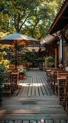 Fototapeta premium Cozy Caf Terrace with Ice Cream Treats and Umbrellas in Tranquil Outdoor Setting