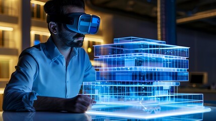 An Architect Wearing A Virtual Reality Headset Designs, Manipulates Buildings for 3D City. Mixed Augmented Reality Software. Visual Effect.