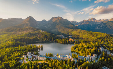 Mountain lake Strbske pleso. Strbske lake with view of the High Tatras National Park, Slovakia