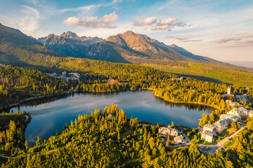 Mountain lake Strbske pleso. Strbske lake with view of the High Tatras National Park, Slovakia