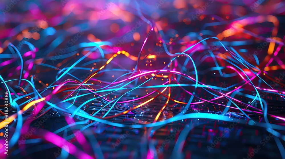 Poster vibrant abstract image showcasing illuminated lines in dynamic colors, evoking a sense of movement a