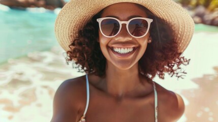 Stylish woman in a swimsuit, hat, and sunglasses beaming with joy on a sunny beach day.