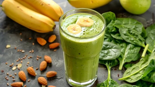 Nutrient-packed smoothie made with spinach, kale, banana, and almond milk, a quick and nutritious meal on the go.