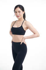 Obraz premium Beautiful young asian sport woman with sportswear ready for exercise on white background, Advertising sportswear and yoga wear, Healthy lifestyle, sport.