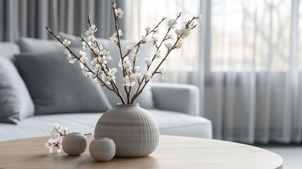 Close up of ceramic vase with blossom twigs on round wooden coffee table against grey sofa and window. Minimalist home interior design of modern living room.