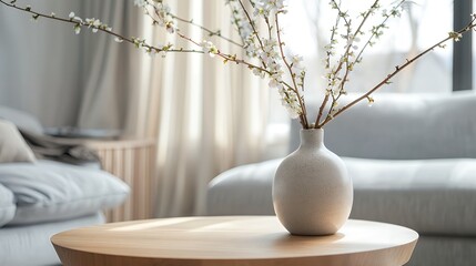 Close up of ceramic vase with blossom twigs on round wooden coffee table against grey sofa and window. Minimalist home interior design of modern living room.