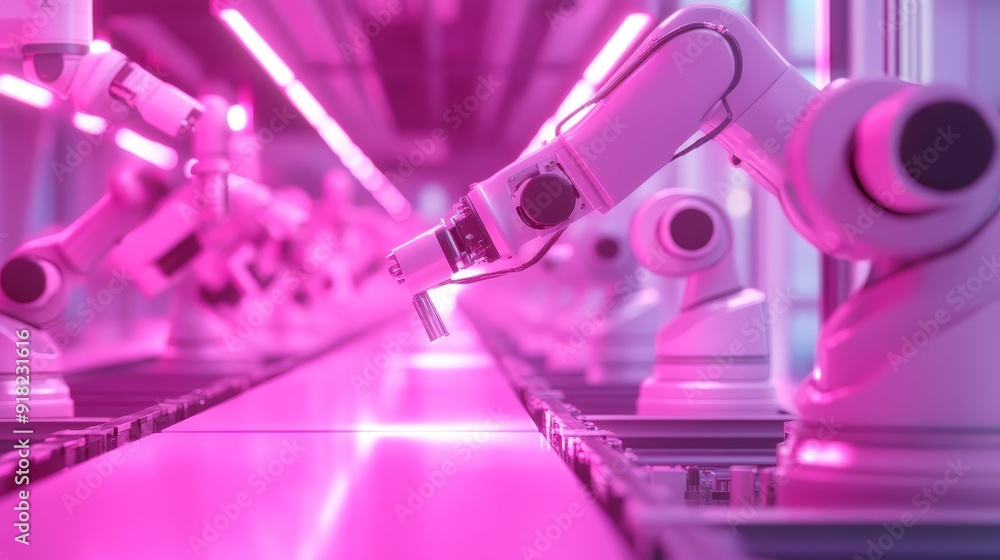 Poster automated production line with robots in a factory - a row of robotic arms working on a production l