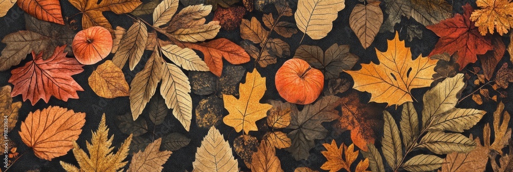 Poster Autumn Leaves and Apples Seamless Pattern - A beautiful seamless pattern of autumn leaves in shades of brown, orange, and red. The leaves are arranged in a random pattern, creating a visually appealin