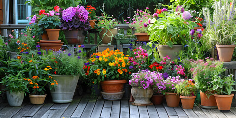 Naklejka premium Sunny flower garden and garden tools