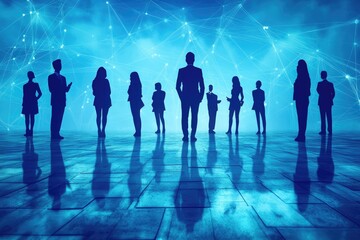 Silhouettes of a diverse group of business professionals standing in front of a glowing blue network background.