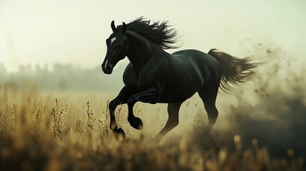 Black Horse Running Through Golden Field at Sunset - A majestic black horse with a white blaze gallops through a golden field of tall grass, leaving a trail of dust in its wake. The horse represents f