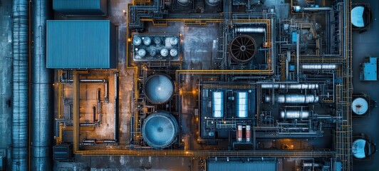 Fototapeta premium Large industrial facility, showing the layout of the boiler room, water treatment units, and interconnected systems