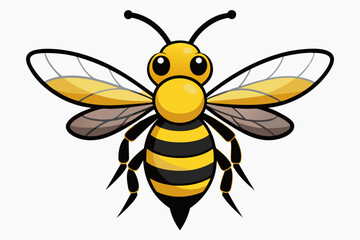 Cartoon bee with black and yellow stripes and translucent wings