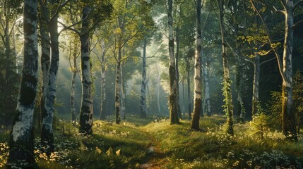 Fototapeta premium Serene forest landscape captured in an artistic rendering with a tender and dreamy essence.