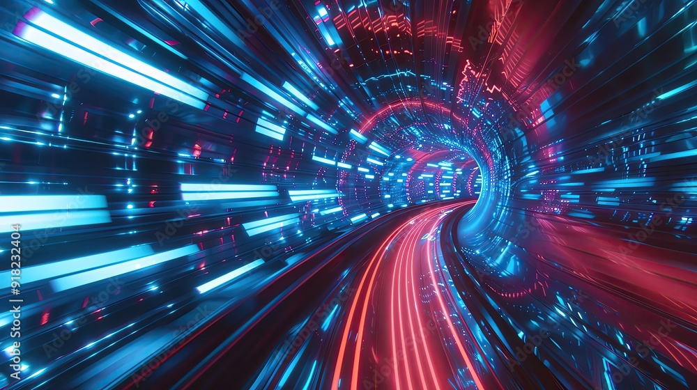 Poster abstract tunnel with vibrant blue and red light streaks creating a futuristic and dynamic atmosphere