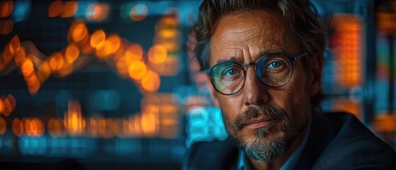 Obraz premium A man with glasses is staring at a screen with a lot of numbers and graphs