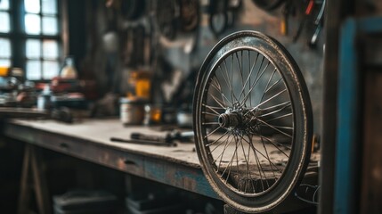 Fototapeta premium A used bicycle wheel sits next to a workshop table surrounded by bicycle repair equipment.
