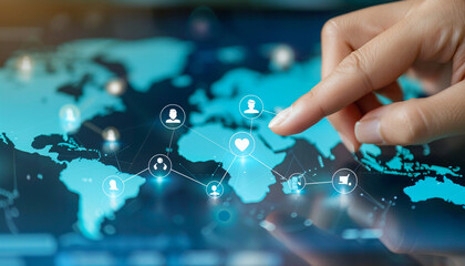 Connecting the World Hand Navigating Global Digital Network Interface