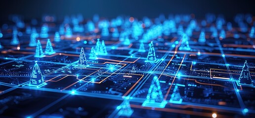 Abstract digital background of glowing blue Christmas trees connected by lines and dots on a circuit board. Futuristic holiday theme with technology and network concept.