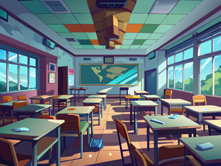 Abandoned school classroom, anime wallpaper