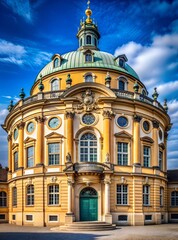 Fototapeta premium Historic baroque building with a green copper dome and intricate detailing under a clear blue sky in a lively city setting. Generative AI