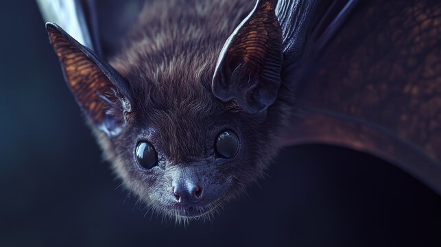 Close-Up Portrait of a Bat with Big Eyes - A close-up portrait of a bat with big eyes, its fur is soft and fluffy, its wings are spread out, and its face is in focus.  This image symbolizes mystery, n