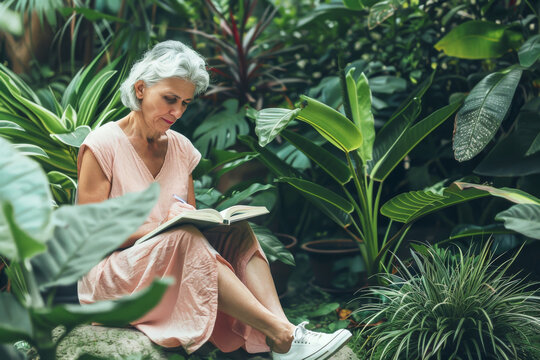 Senior female traveler journaling in a local botanical garden, finding peace and relaxation in the escape of a nearby nature retreat - Powered by Adobe