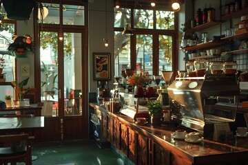 Fototapeta premium Coffee Shop Interior with Sunny Window View