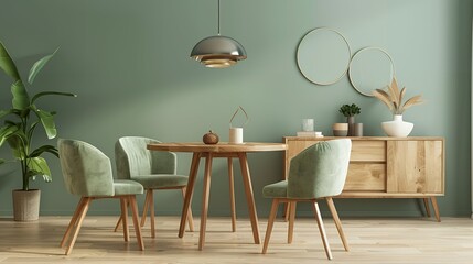 Modern home interior design characterized by an elegant living room featuring a comfortable sofa, mid century furniture, cozy carpet, wooden floor, white walls, and home plants.