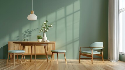 Modern home interior design characterized by an elegant living room featuring a comfortable sofa, mid century furniture, cozy carpet, wooden floor, white walls, and home plants.