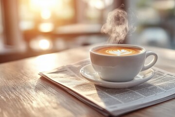 A steaming cup of coffee on a newspaper, capturing a cozy morning ambiance.