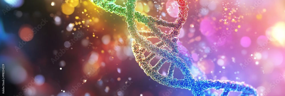 Poster colorful dna helix with sparkling background - stock photo - a vibrant dna helix, illuminated with a