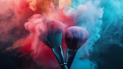 iconic logo, cosmetics, self-care, cicle icon, realistic, brushes, lipstick, powder