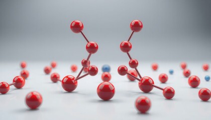 intricate illustration of a molecular framework with vibrant red and blue spheres floating on a light gray surface suggesting advanced technology and creativity