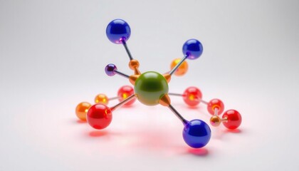 sophisticated molecular model featuring glowing spheres in bold colors arranged in a three-dimensional spiral against a clean white background enhancing visual impact and tec