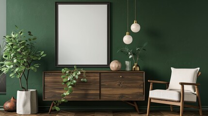 Chic living room decor with poster frame, modern armchair, wooden dresser, and trendy accessories. Green wall. Blank space.