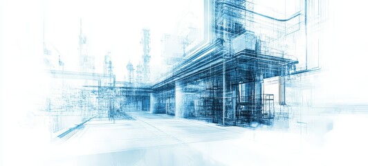 Fototapeta premium Industrial steel area with a digital overlay of blue technical drawings and blueprints, set against a minimalist white background