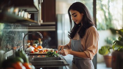 traditional wife with brown hair at the kitchen cooking a meal. Modern kitchen and a woman preparing dinner. 