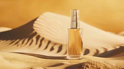 A makeup primer bottle mock-up positioned in front of a light tan gradient background. The bottle is elegantly designed, with sleek lines and a minimalist label