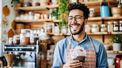 Fototapeta premium A man with glasses is smiling and holding a bag of coffee beans
