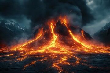 dramatic volcanic eruption border molten lava rivers contrasting with billowing dark smoke fiery embers dancing in turbulent air intense heat distorting atmosphere primal forces unleashed