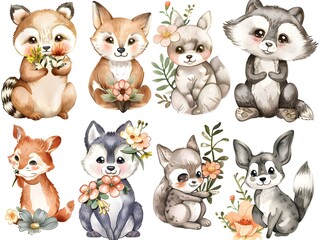 Obraz premium Cute animal with flower wreath on head, watercolor clipart set of 6 animals in different poses, fox bear squirrel hedgehog rabbit and bunny isolated 