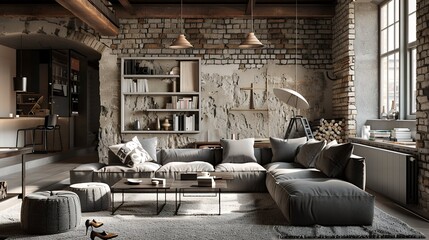 Rustic interior home design of modern living room with gray sofa and rustic barn wood table with wooden furniture shelves against black wall
