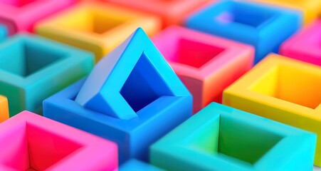 Abstract image with a blue triangular shape surrounded by colorful square blocks.  The triangle is...