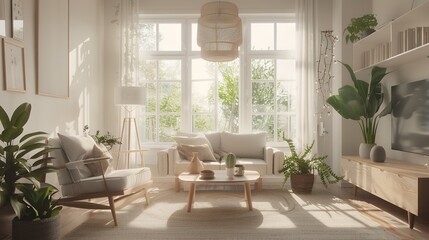 Living Room Interior With Sofa, Wicker Armchair, Cactus Plant And Coffee Table