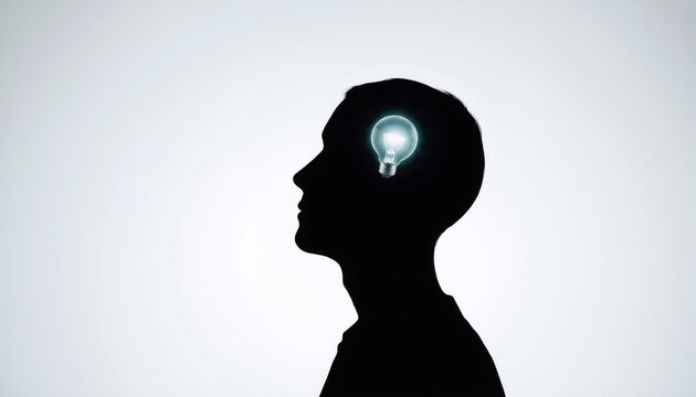 a lightbulb brightly glowing from within a silhouette head casting light on a pure white background signifying the emergence of innovative ideas and creative thought processe