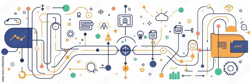 Poster connected data flow and information network - a complex network of connected lines, dots, and icons 