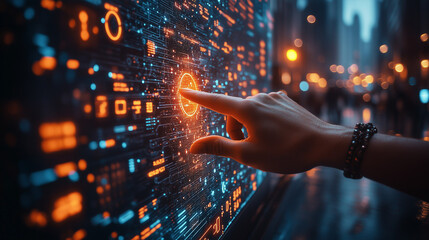 Navigating the Digital Metropolis: A hand interacts with a vibrant, futuristic data interface against a bustling cityscape backdrop. 