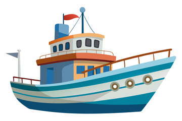 Fototapeta premium Cartoon Illustration of a Blue and White Striped Boat with a Red Flag